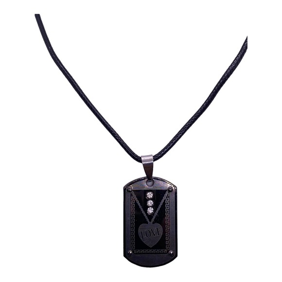 Faux Leather Chain BLACK Gun Metal Dog Tag Love Pendant Rhinestone Necklace - Picture 4 of 6